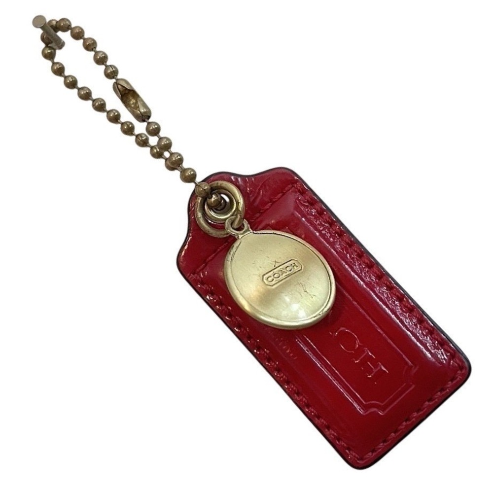 Vintage Coach Red Patent Leather Hang Tag Key Fob Bag Charm Brass Gold